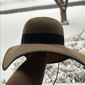Elegant Tan Wide-Brim Hat with Black Band